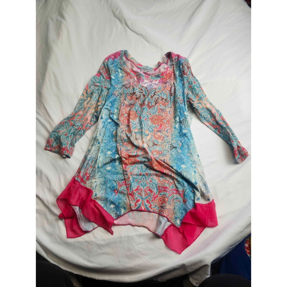 Closet Full Tunic Top Womens M Pink Blue Paisley Sharkbite Hem Boho Art To Wear